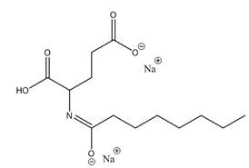 Representative chemical structure of disodium capryloyl glutamate, with SMILES notation: CCCCCCCC(=O)NC(CCC(=O)[O-])C(=O)[O-].[Na+].[Na+]